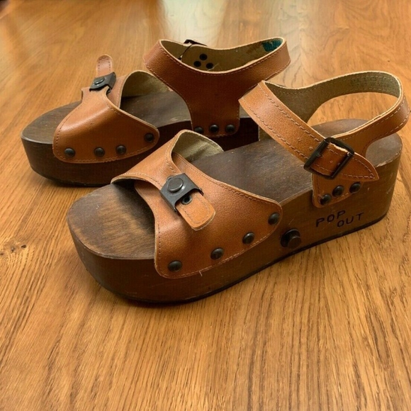 Vintage 70's Pop Out Skate Sandals Wooden Platform - Picture 2 of 8